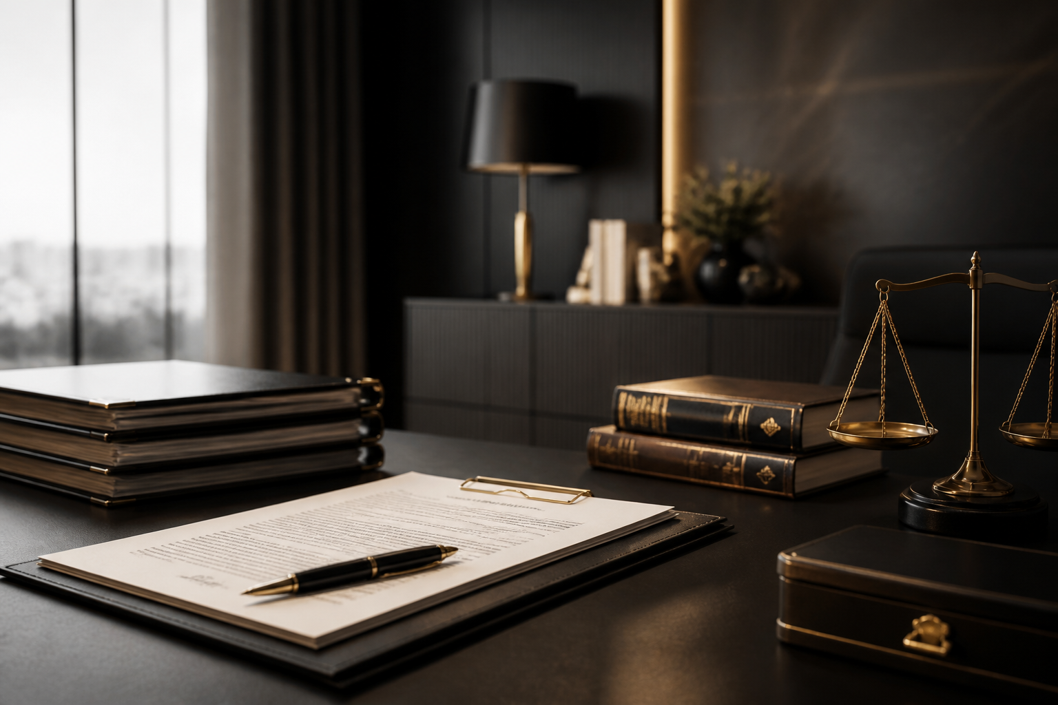 Mesa de trabalho com documentos representando contratos e obrigacoes